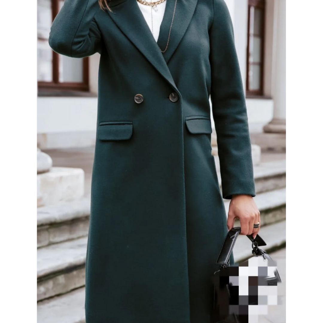 Classic women's double-breasted long coat, ideal formal workwear. Features an elegant lapel collar for winter.