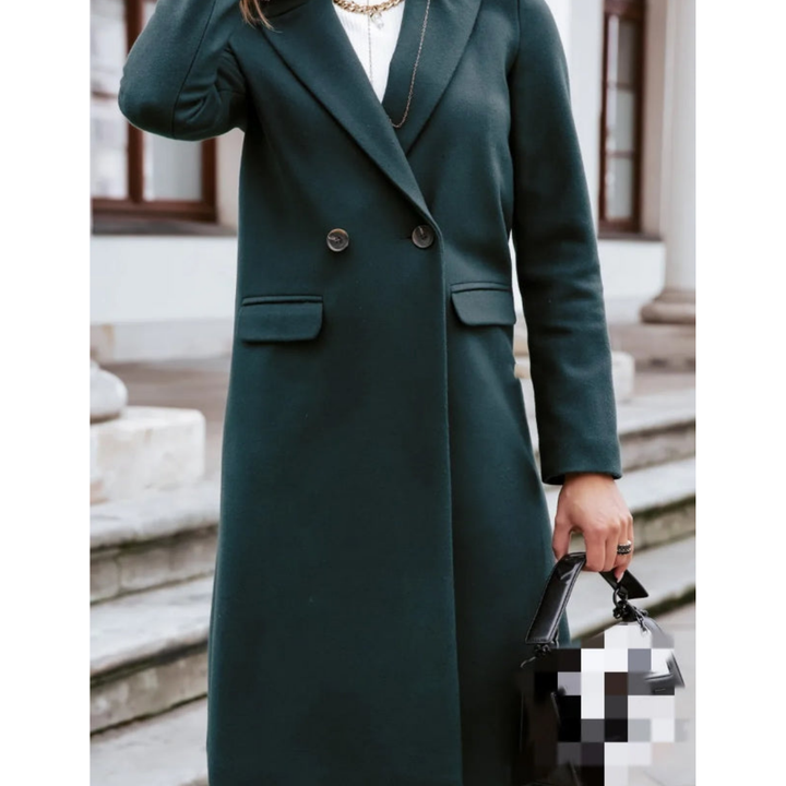 Classic women's double-breasted long coat, ideal formal workwear. Features an elegant lapel collar for winter.