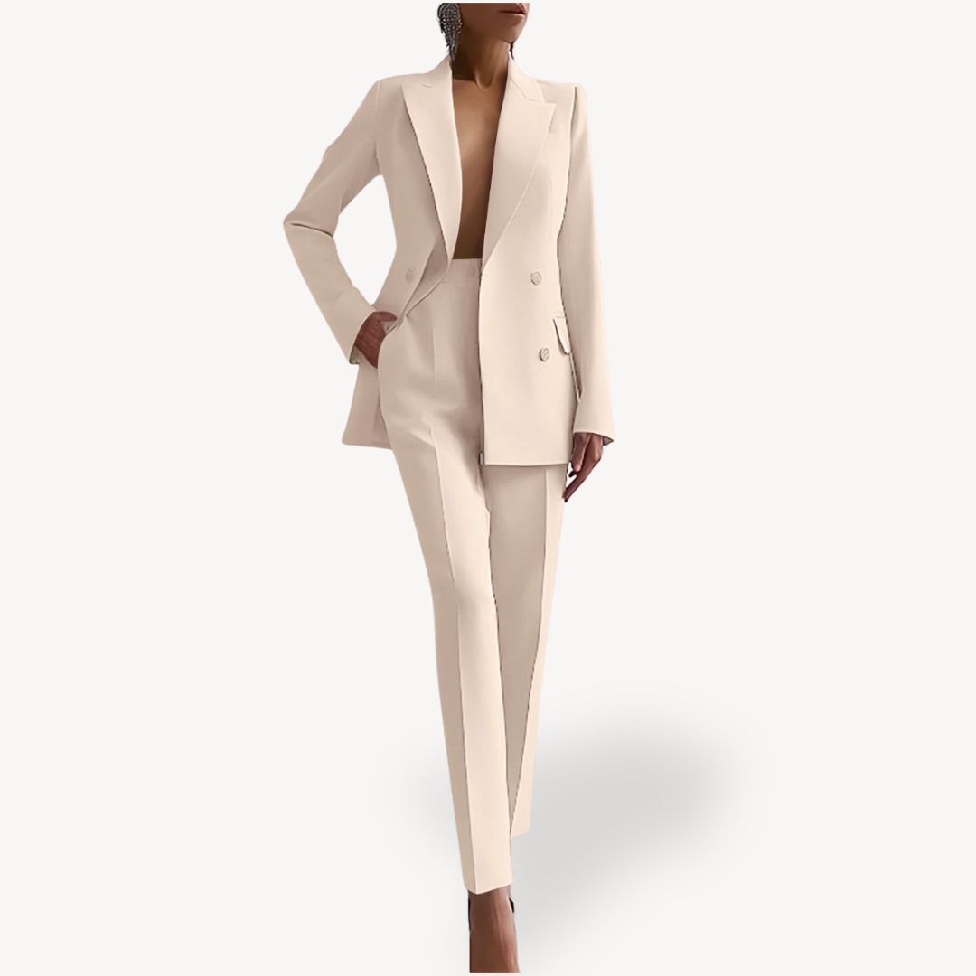 Chic double-breasted blazer & tailored trousers set for women. Sophisticated workwear fashion.