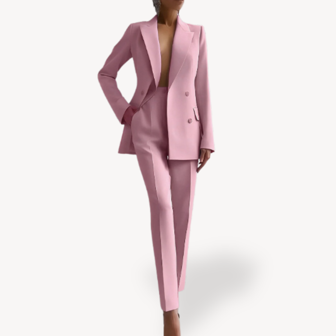Women's sophisticated pant suit set. Elegant double-breasted blazer and tailored trousers for business.