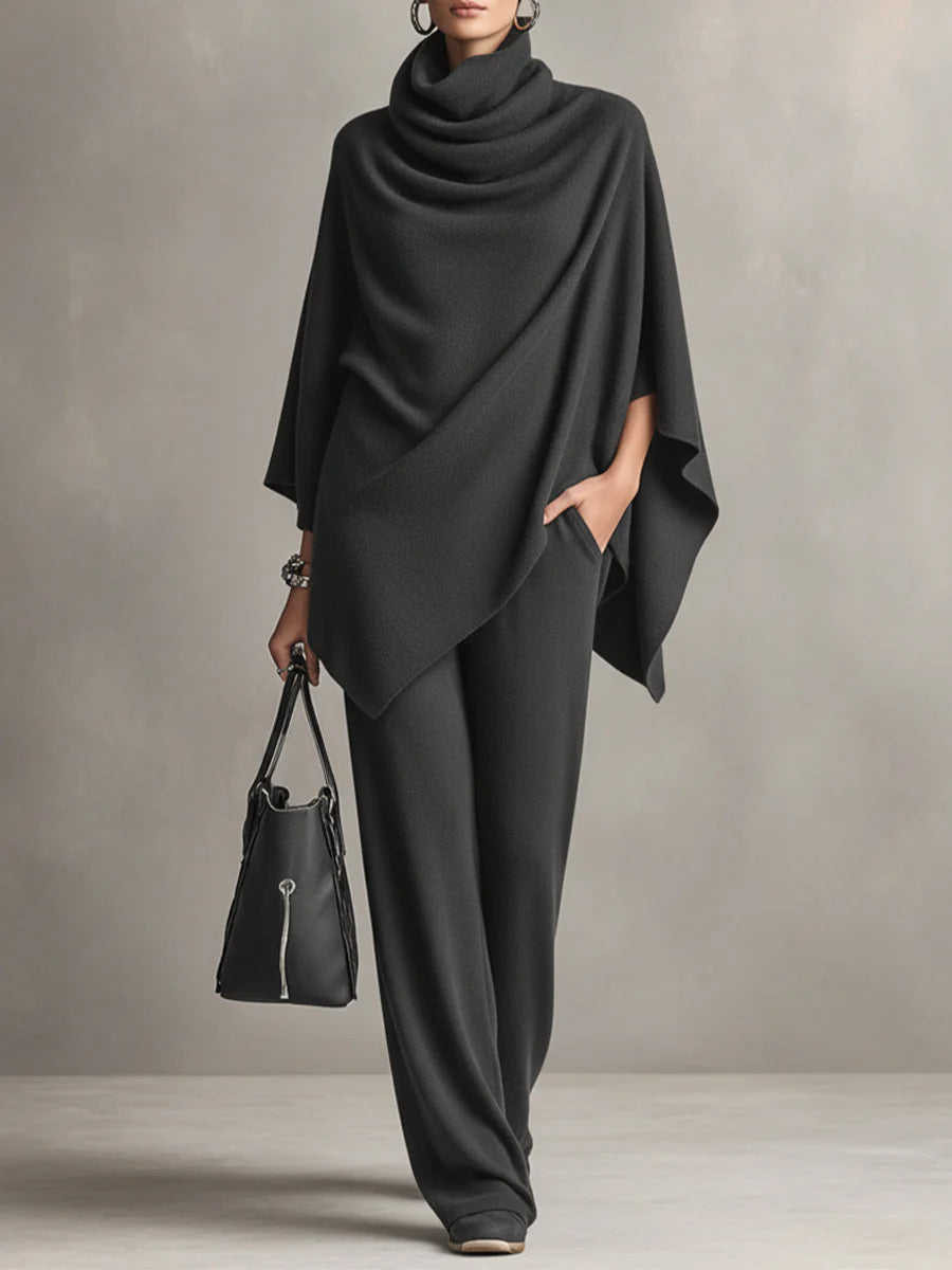 Full view of the women's elegant drape two-piece flowy set. Comfortable women's fashion, a versatile coordinated outfit.