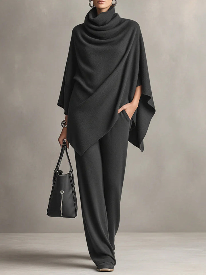 Full view of the women's elegant drape two-piece flowy set. Comfortable women's fashion, a versatile coordinated outfit.