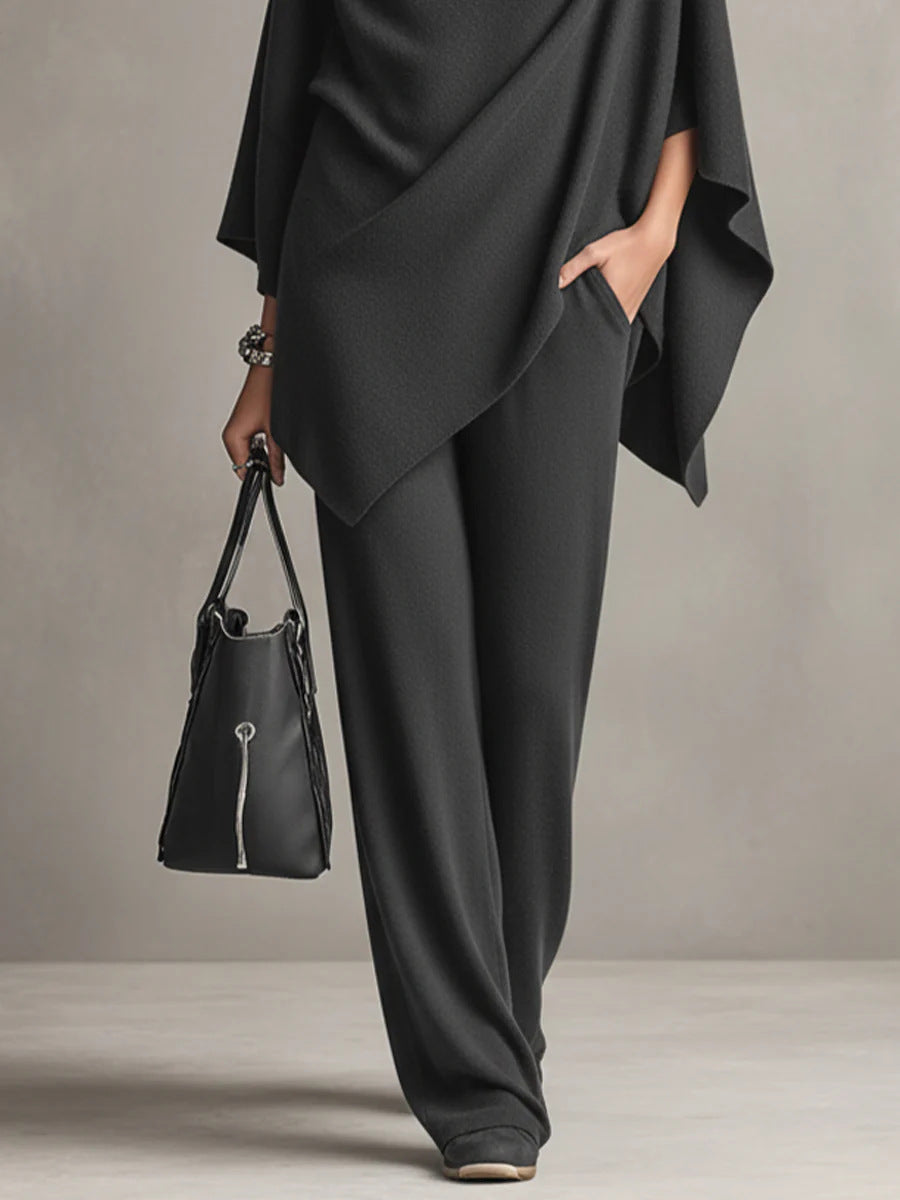 Women's elegant, flowy two-piece set. Draped design offers comfort and versatility for any casual fashion look.