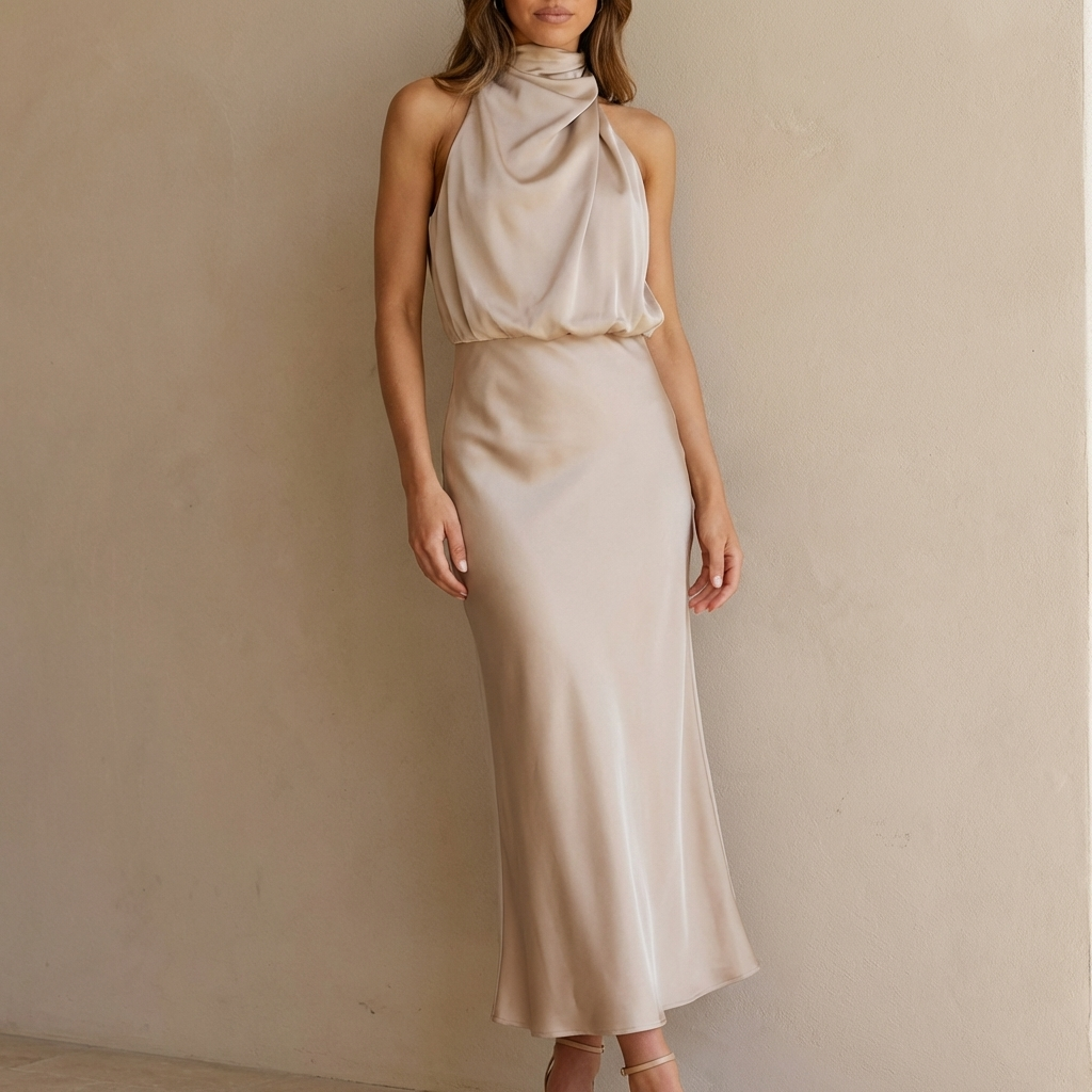 Women's elegant draped halter neck midi dress. Blouson waist, perfect for cocktail & evening parties.