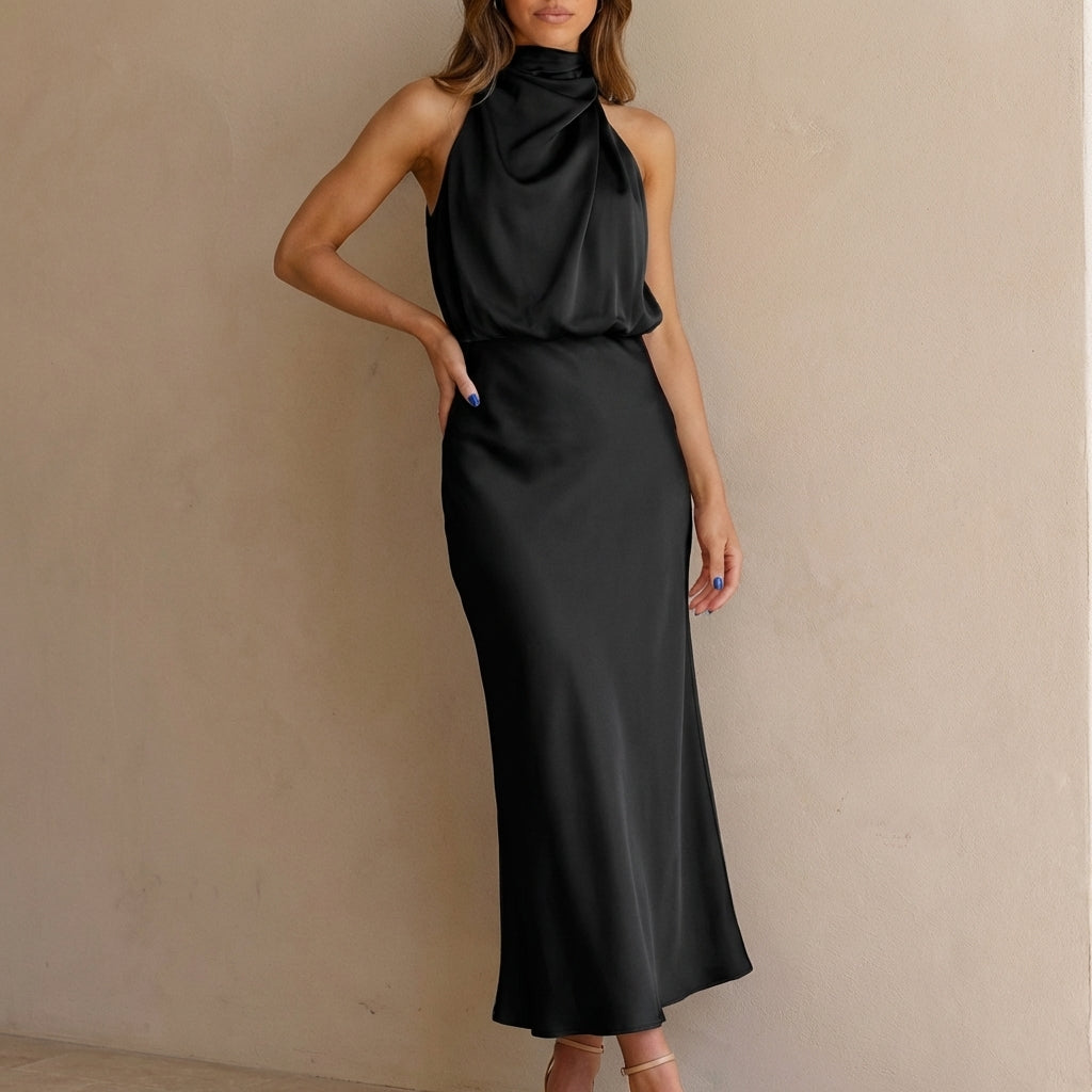 Formal sleeveless draped halter midi dress for women. Chic blouson waist, ideal for special occasions.