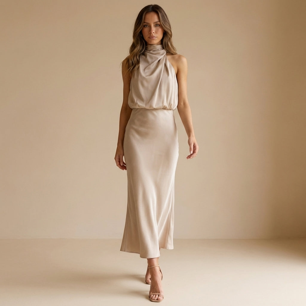 Women's elegant evening midi dress. Draped halter neck, blouson waist, perfect for cocktails.