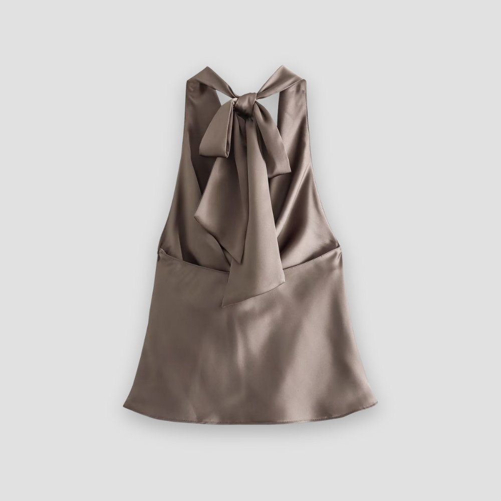 Elegant women's tank with halter neck and sophisticated draped front detail.