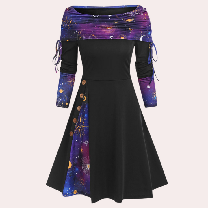Women's elegant Elara A-line dress with chic accent print, perfect for formal or casual wear.