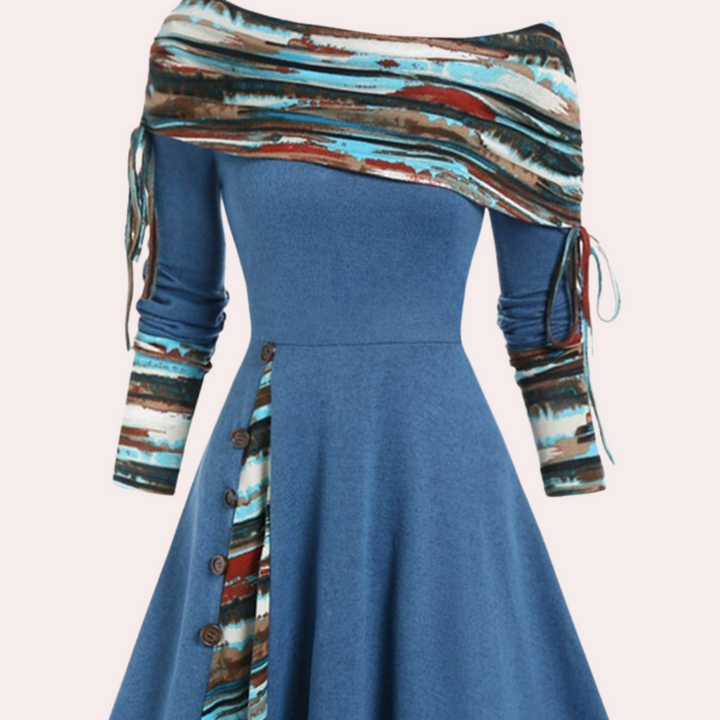 Flowy & comfortable Elara A-line dress for women, featuring a modern accent print. Versatile for any occasion.
