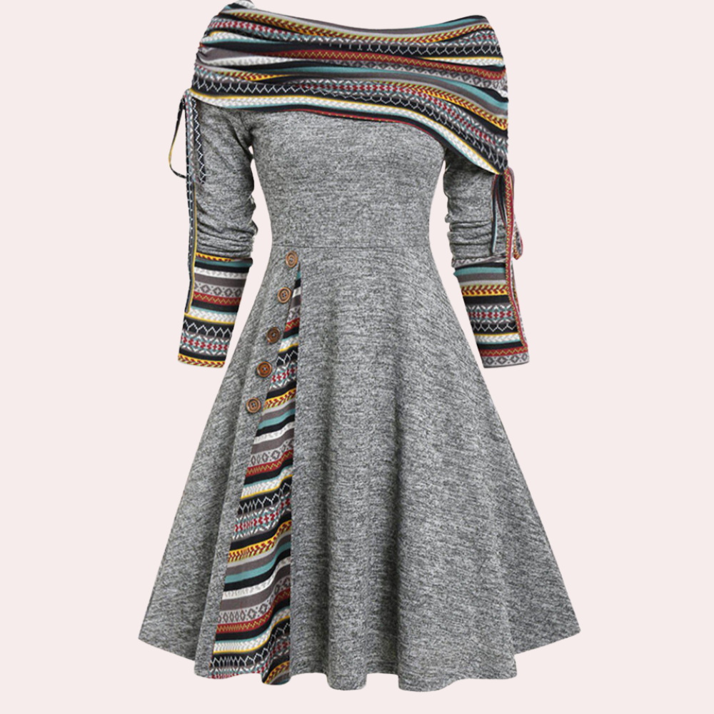 Side view of women's Elara A-line dress, showcasing its flattering silhouette and stylish accent print.