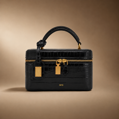 Chic structured box handbag in crocodile print faux leather for women's fashion.