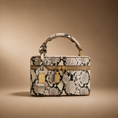 Women's elegant embossed faux leather structured box handbag, modern style.
