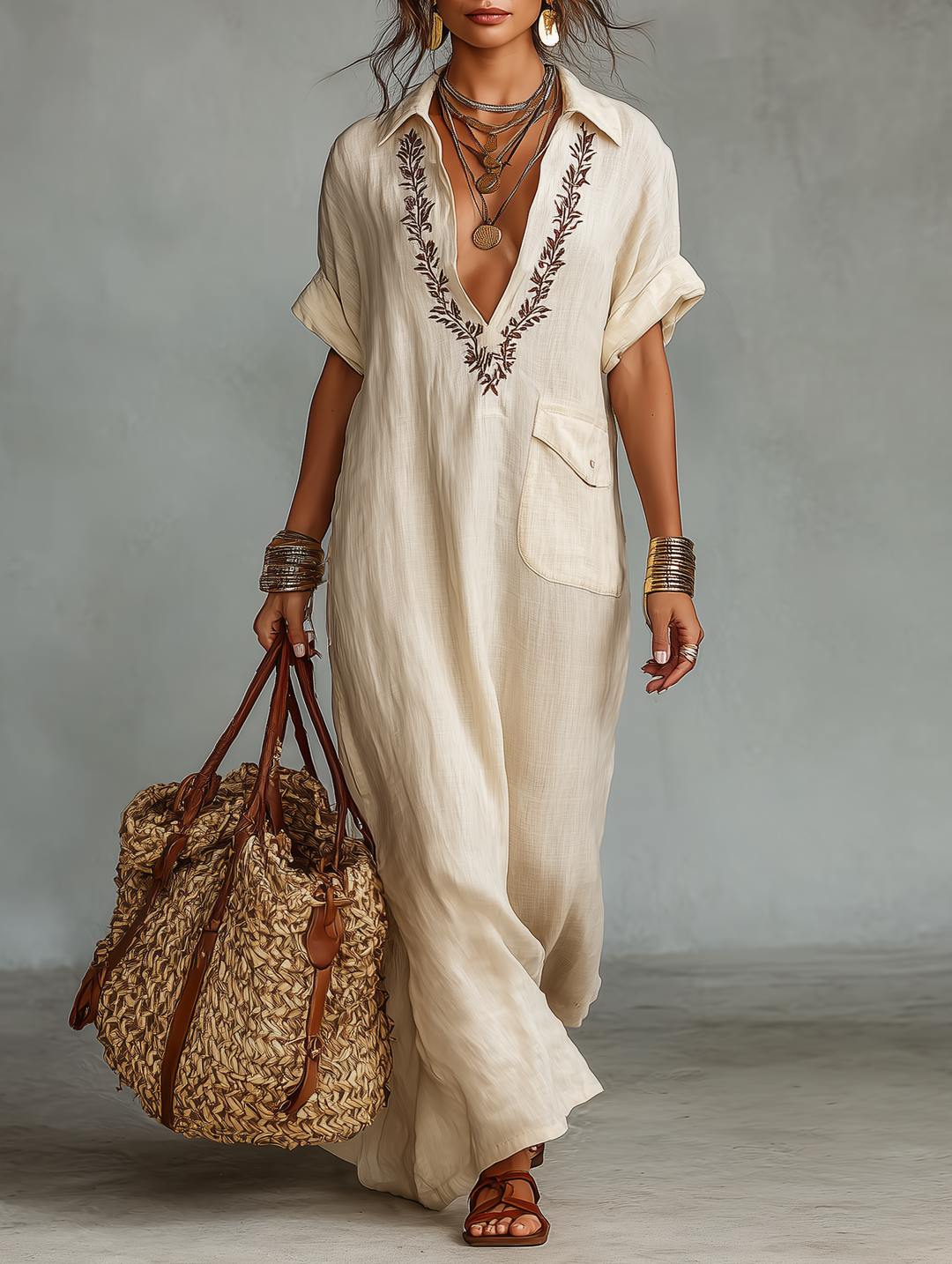Women's elegant embroidered short sleeve shirt maxi dress, perfect for summer casual wear or vacation outfit.