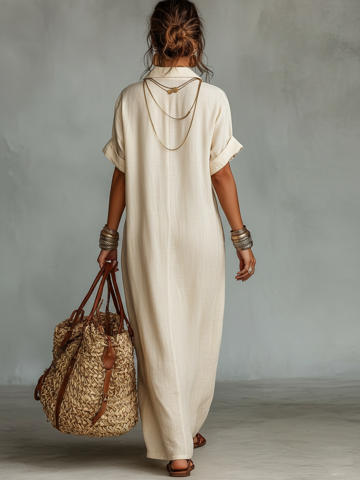 Loose fit women's embroidered short sleeve shirt maxi dress, ideal for spring fashion, resort wear, and day events.