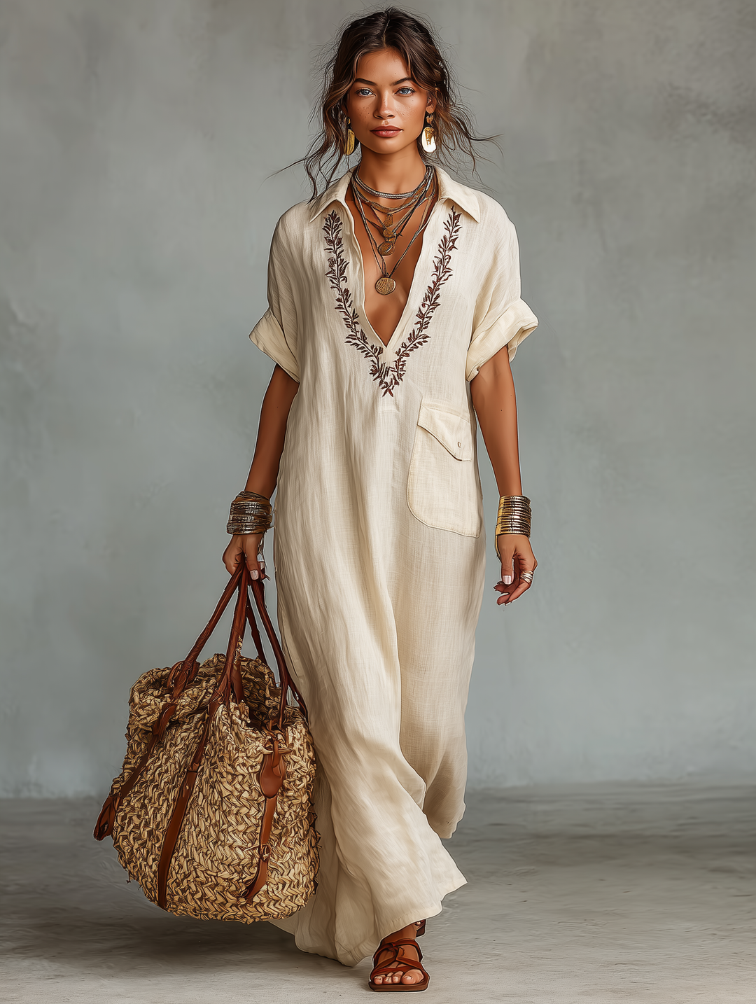 Women's beautiful embroidered short sleeve maxi dress, a chic shirt dress for casual wear, spring, or vacation.