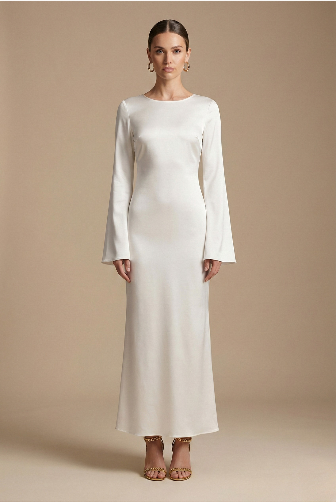Women's elegant flare sleeve round neck column maxi dress, perfect for evening gowns & formal occasions.