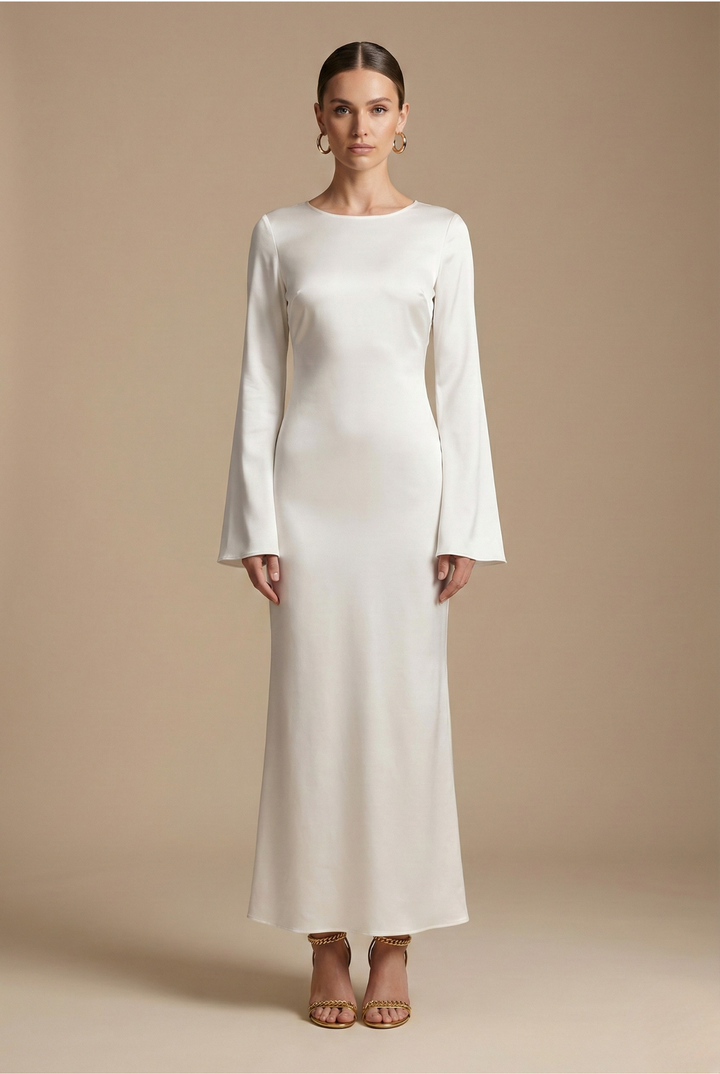 Women's elegant flare sleeve round neck column maxi dress, perfect for evening gowns & formal occasions.