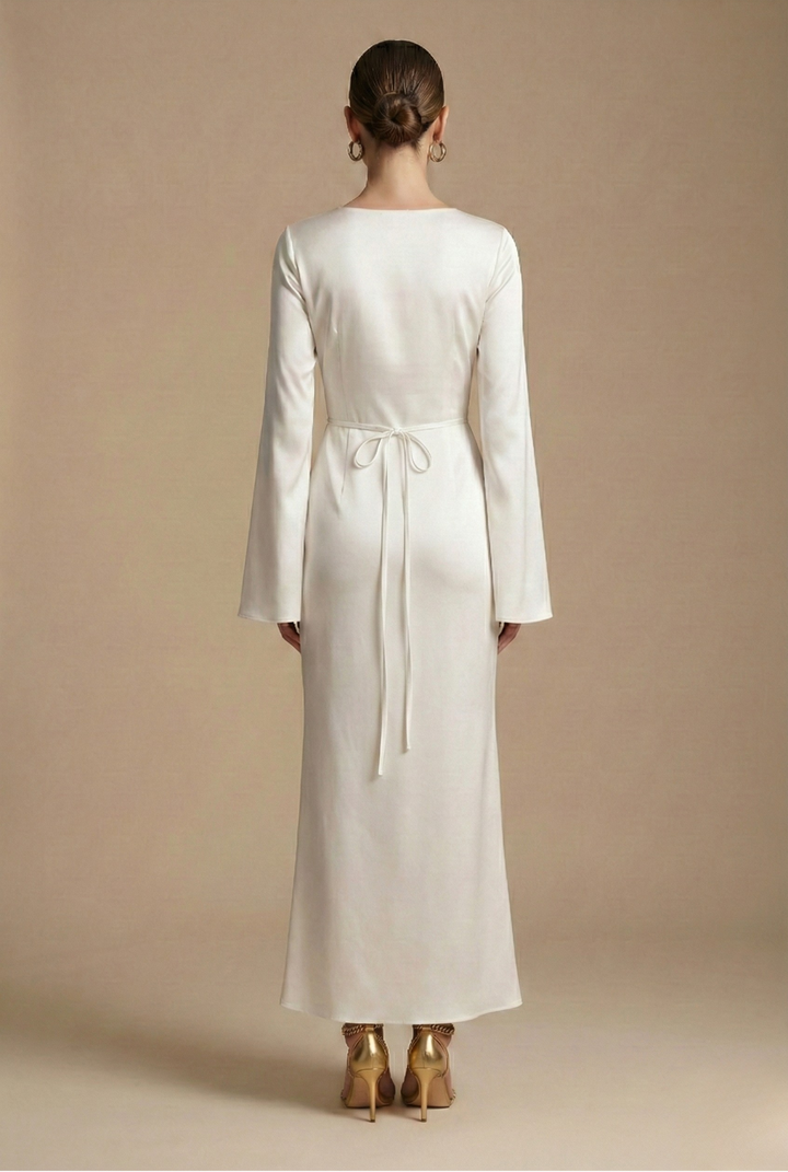 Sophisticated women's round neck flare sleeve column maxi dress for elegant evening wear & special occasions.