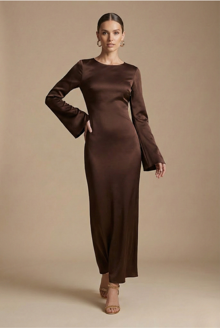 Elegant women's column maxi dress with flare sleeves & round neck, ideal as a comfortable evening gown.