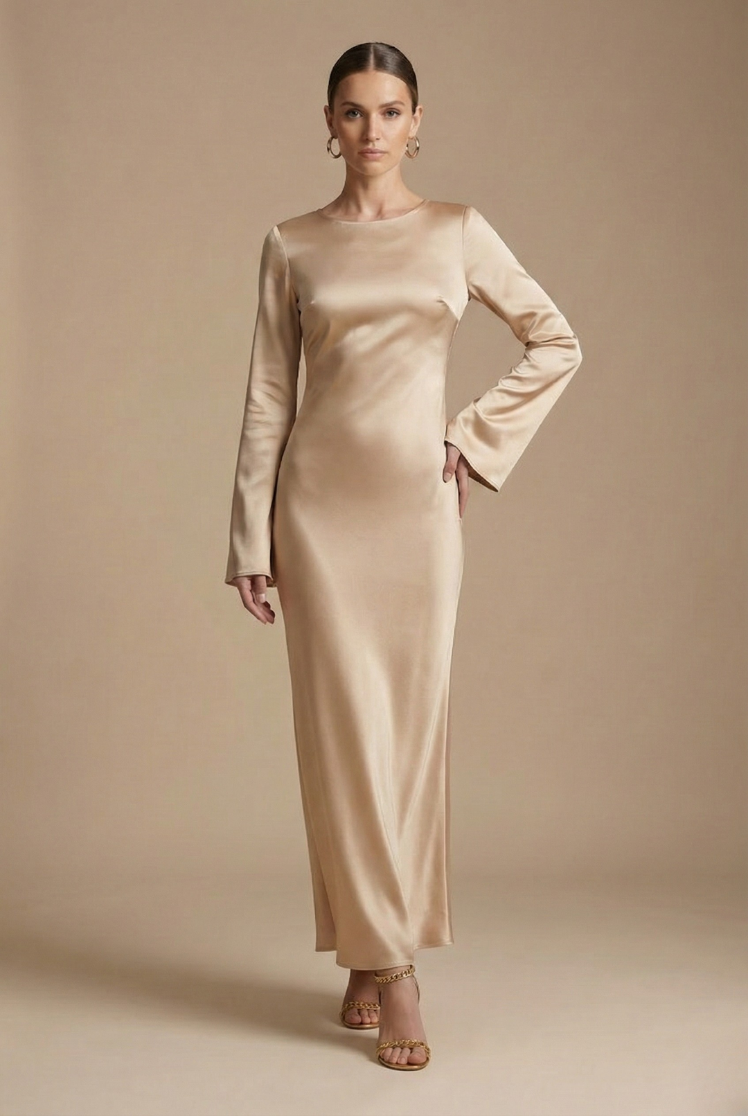Chic women's flare sleeve round neck column maxi dress, a sophisticated choice for formal events & evening wear.