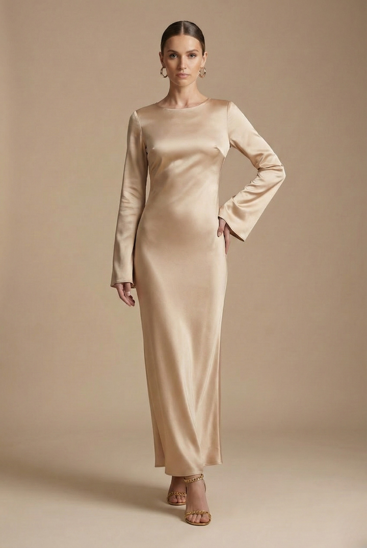Chic women's flare sleeve round neck column maxi dress, a sophisticated choice for formal events & evening wear.