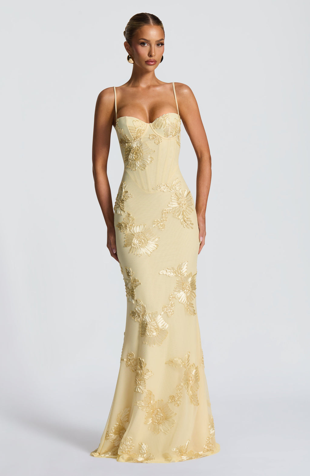 Women's elegant floral appliqué corset mermaid maxi formal dress. Perfect evening gown for special occasions.