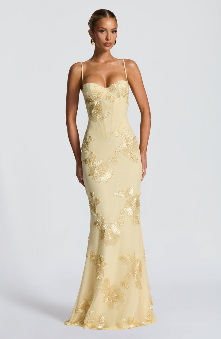 Women's elegant floral appliqué corset mermaid maxi formal dress. Perfect evening gown for special occasions.