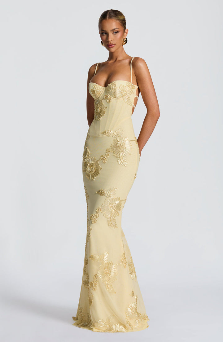Chic black floral appliqué corset mermaid maxi dress. Sophisticated evening gown for formal events & special occasions.