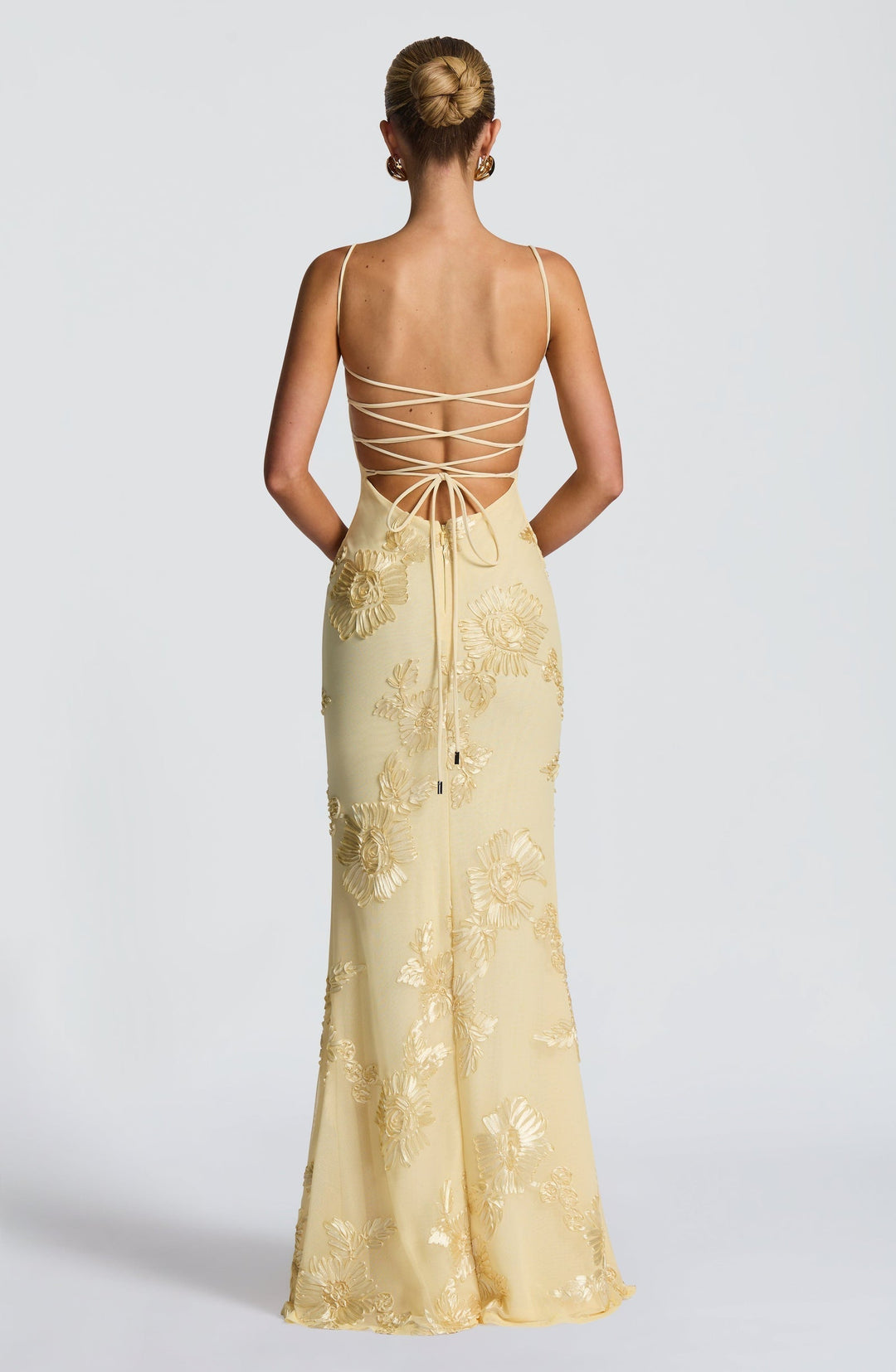 Beautiful light blue floral appliqué corset mermaid maxi dress. Elegant spaghetti strap formal dress for guests.