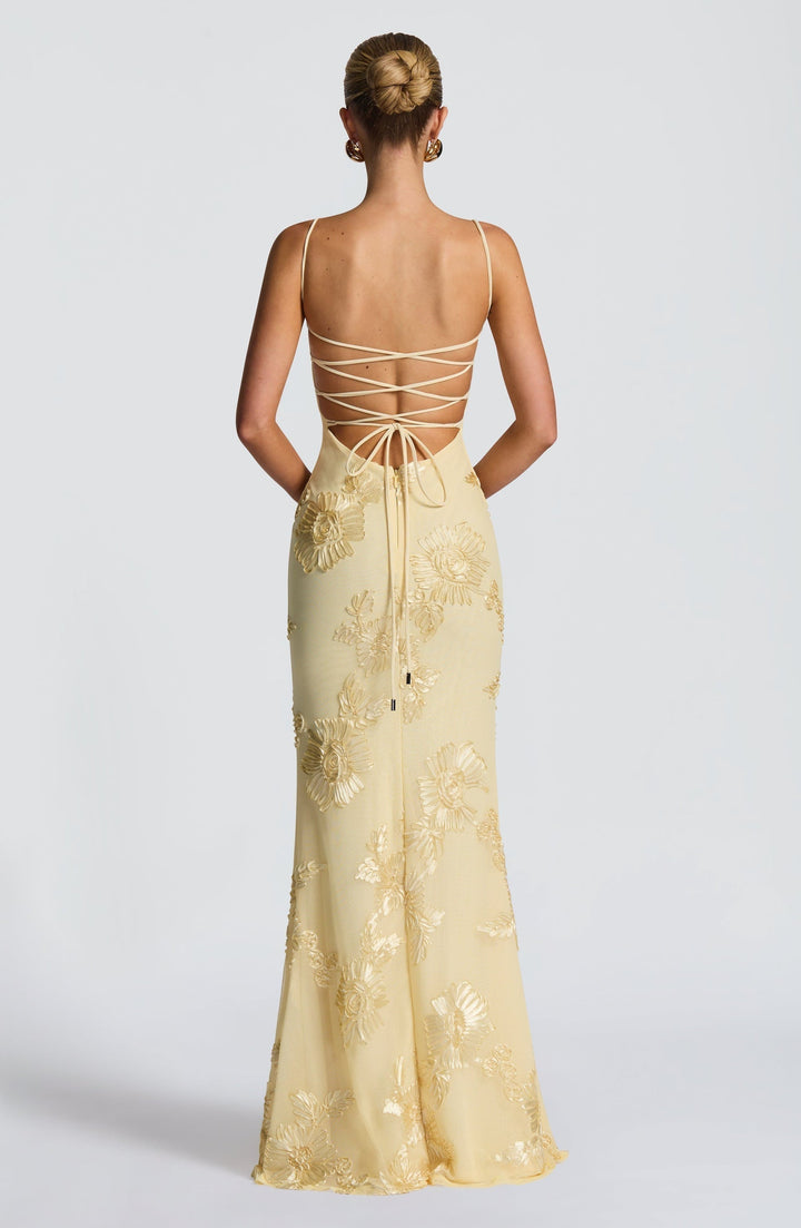 Beautiful light blue floral appliqué corset mermaid maxi dress. Elegant spaghetti strap formal dress for guests.