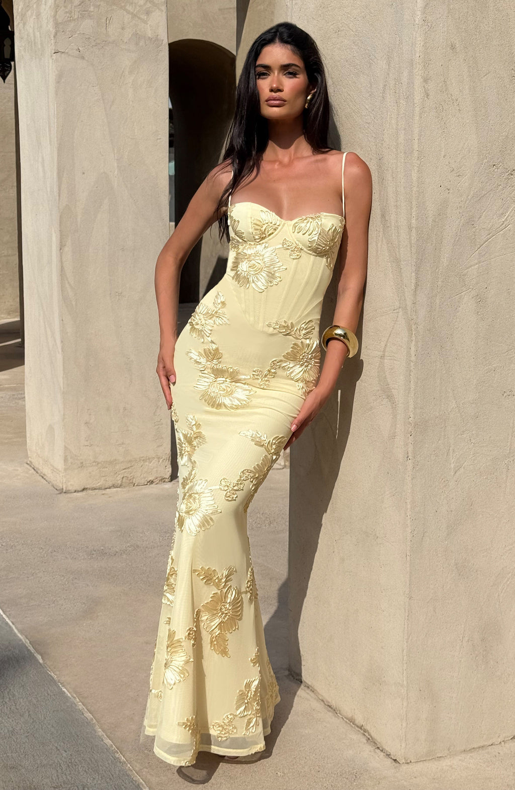 Elegant wedding guest floral appliqué corset mermaid maxi dress. Perfect formal gown with spaghetti straps.