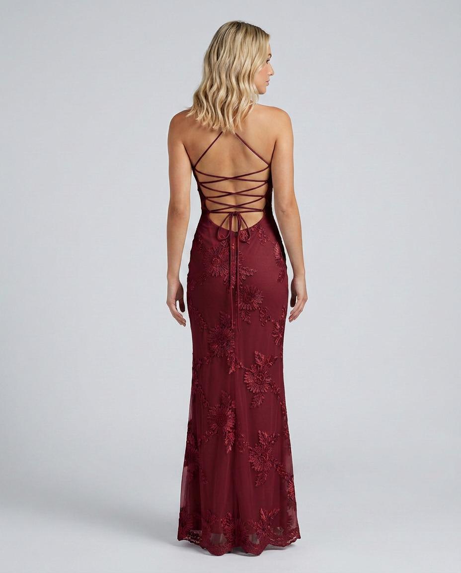 Versatile women's floral maxi dress with a lace-up back, suitable for various formal & party events. Occasion wear.