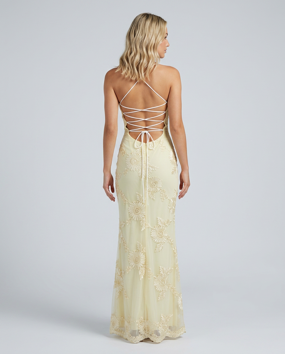 Beautiful women's floral appliqué maxi dress, ideal for summer parties & wedding guests. Elegant occasion wear.