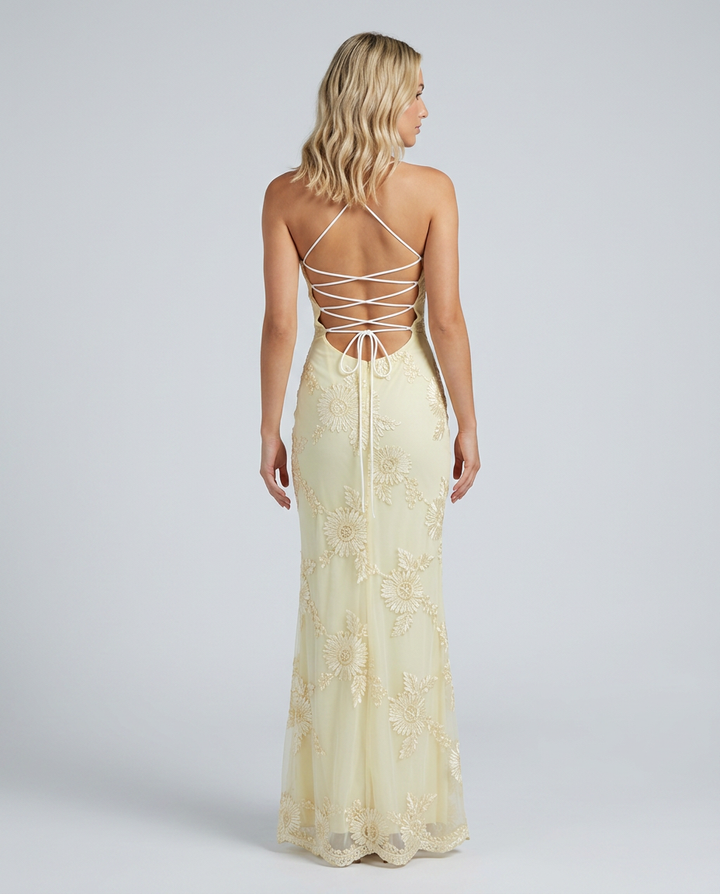 Beautiful women's floral appliqué maxi dress, ideal for summer parties & wedding guests. Elegant occasion wear.