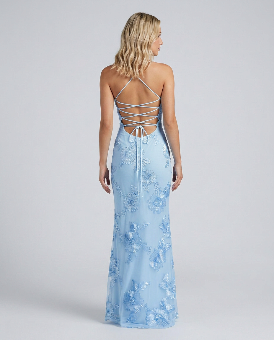 Formal evening gown: Women's floral appliqué maxi dress, sophisticated with a lace-up back. Occasion wear.