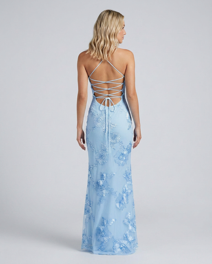 Formal evening gown: Women's floral appliqué maxi dress, sophisticated with a lace-up back. Occasion wear.