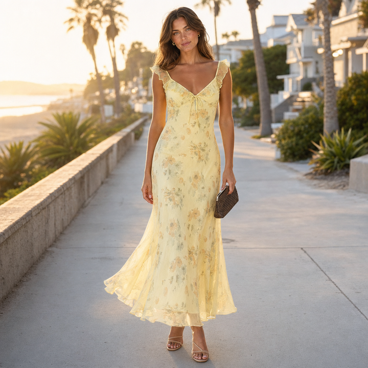 Stylish women's backless floral sundress, ideal for casual summer days & beach outings.
