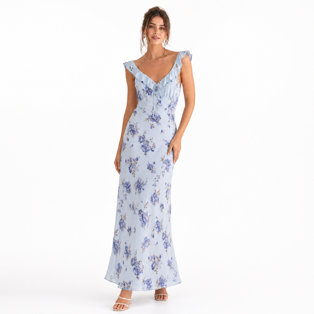 Effortless women's summer floral beach dress with a chic backless design. Perfect vacation outfit.
