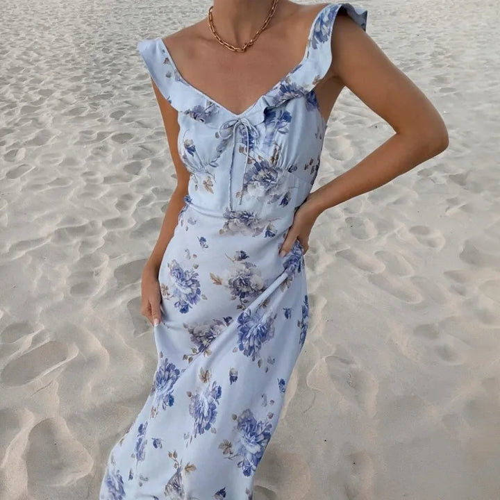 Casual women's floral backless summer dress, perfect for beach trips, resort wear, and sunny days.