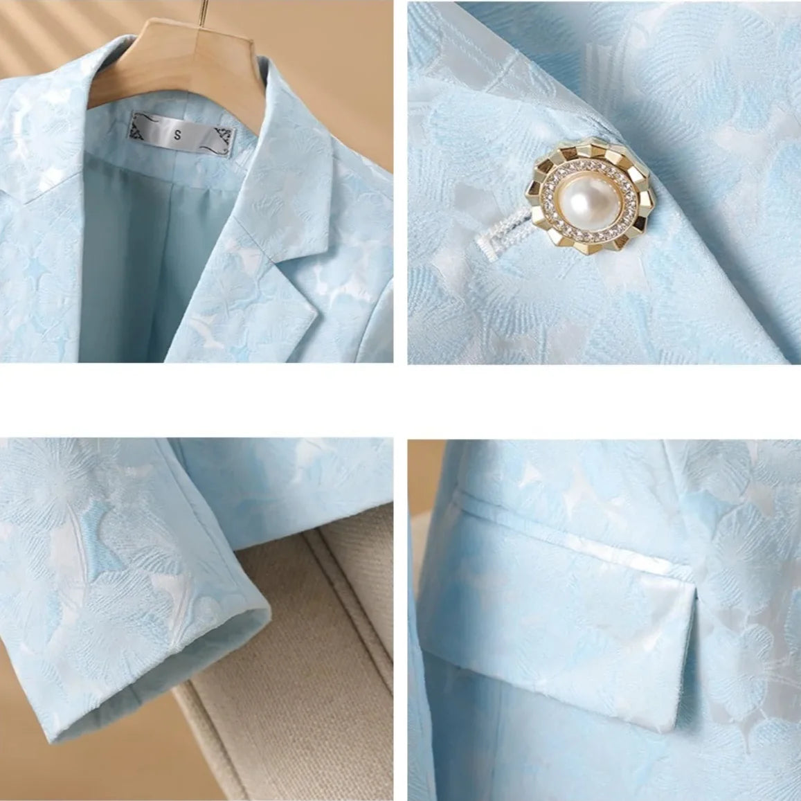 Formal women's elegant blazer with floral texture & pearl buttons. Tailored fit for stylish office or evening wear.