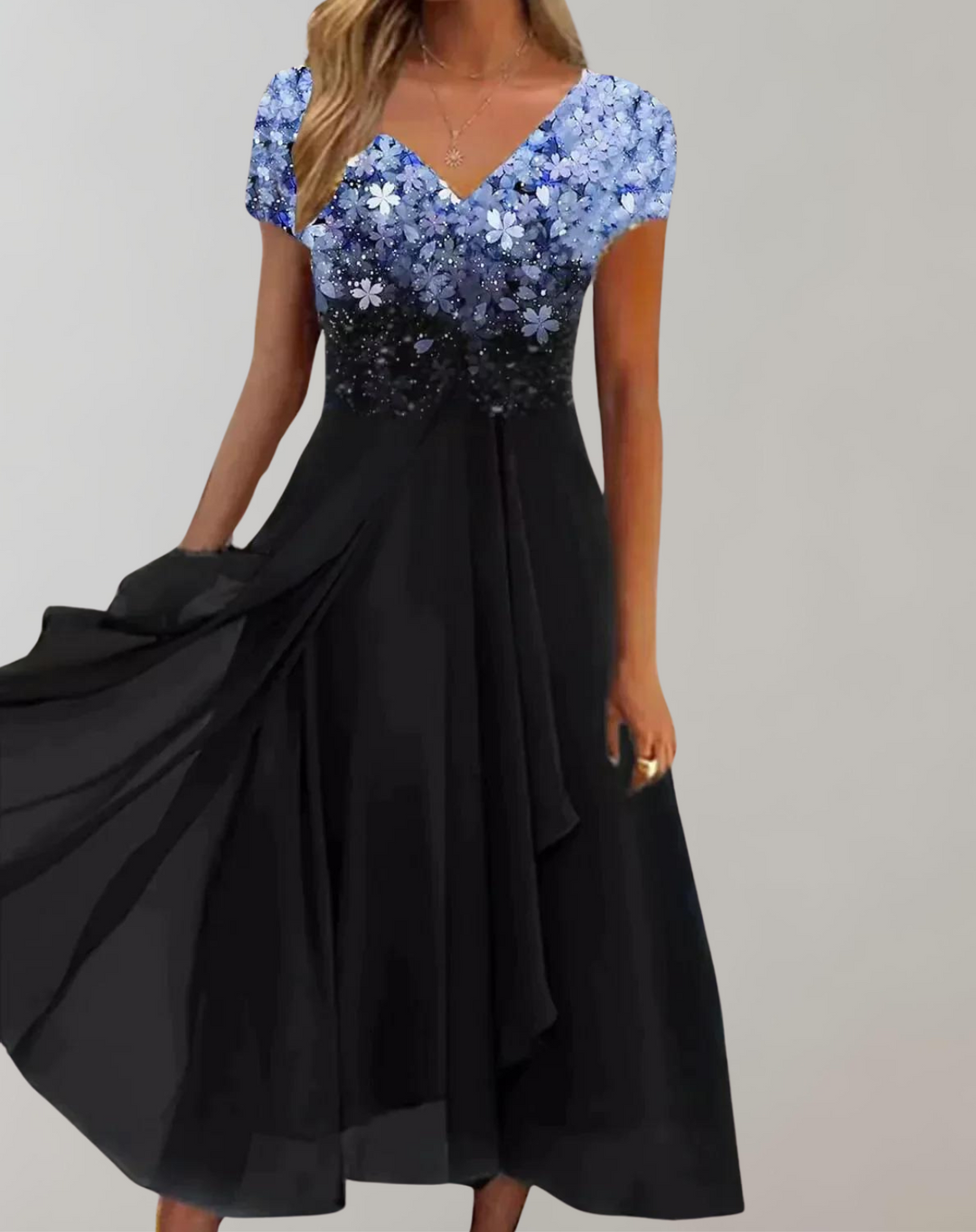 Women's elegant floral embellished midi dress, perfect for evening parties & special occasions.