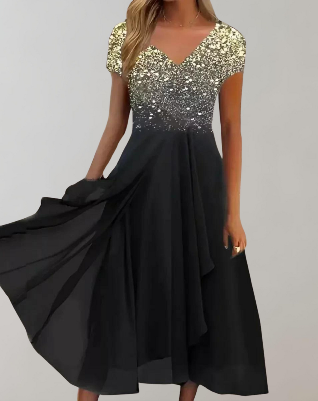 Sophisticated women's floral midi dress, a stunning choice for wedding guests & glamorous evening wear.