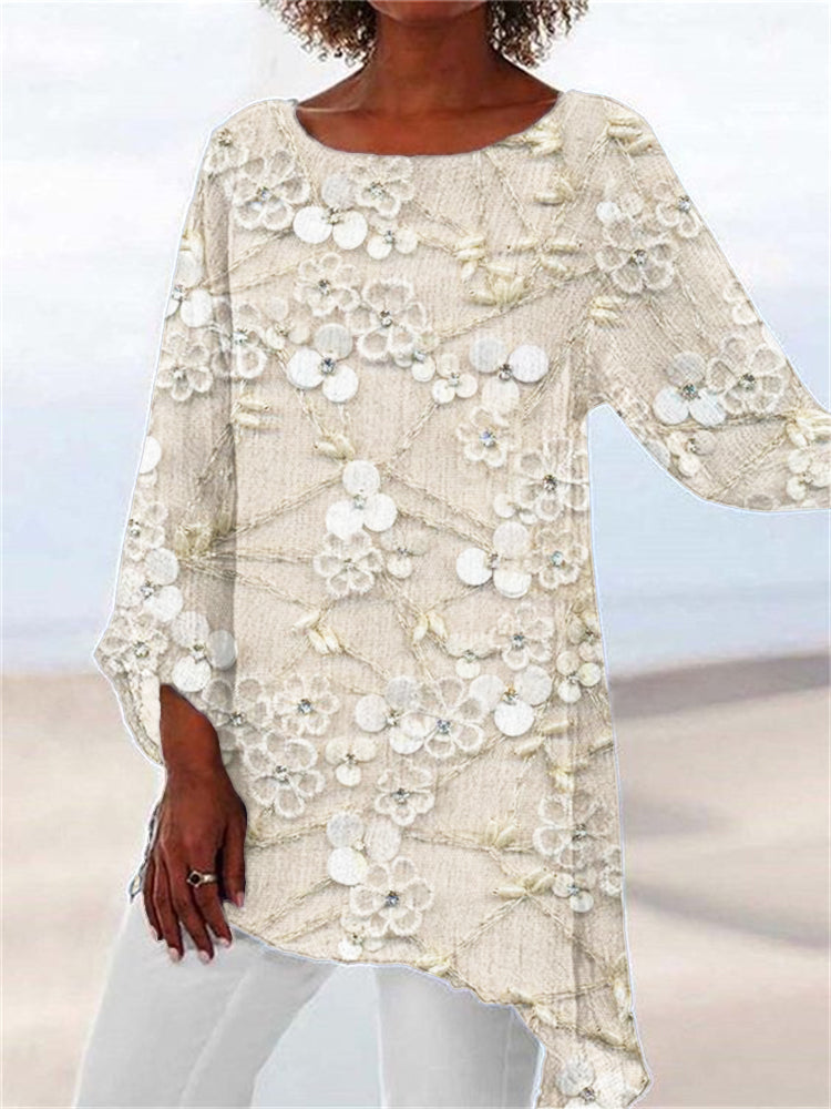 Women's elegant floral embroidered asymmetrical tunic top, long sleeve, relaxed fit for spring & autumn casual wear.