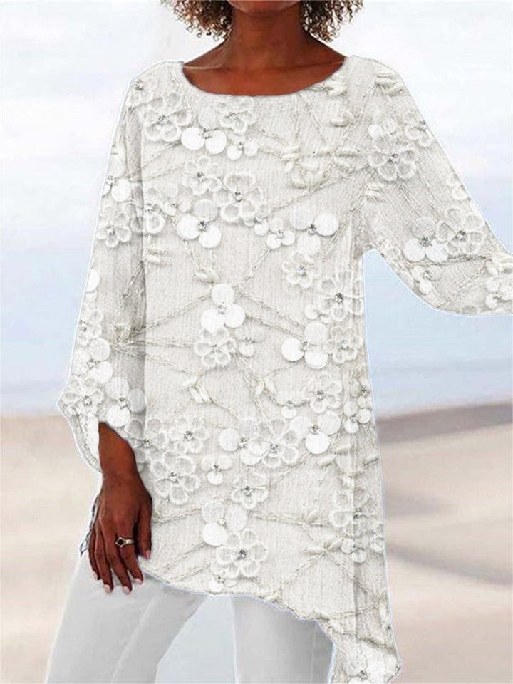 Relaxed fit women's long sleeve floral embroidered asymmetrical tunic top, perfect for versatile spring & autumn fashion.