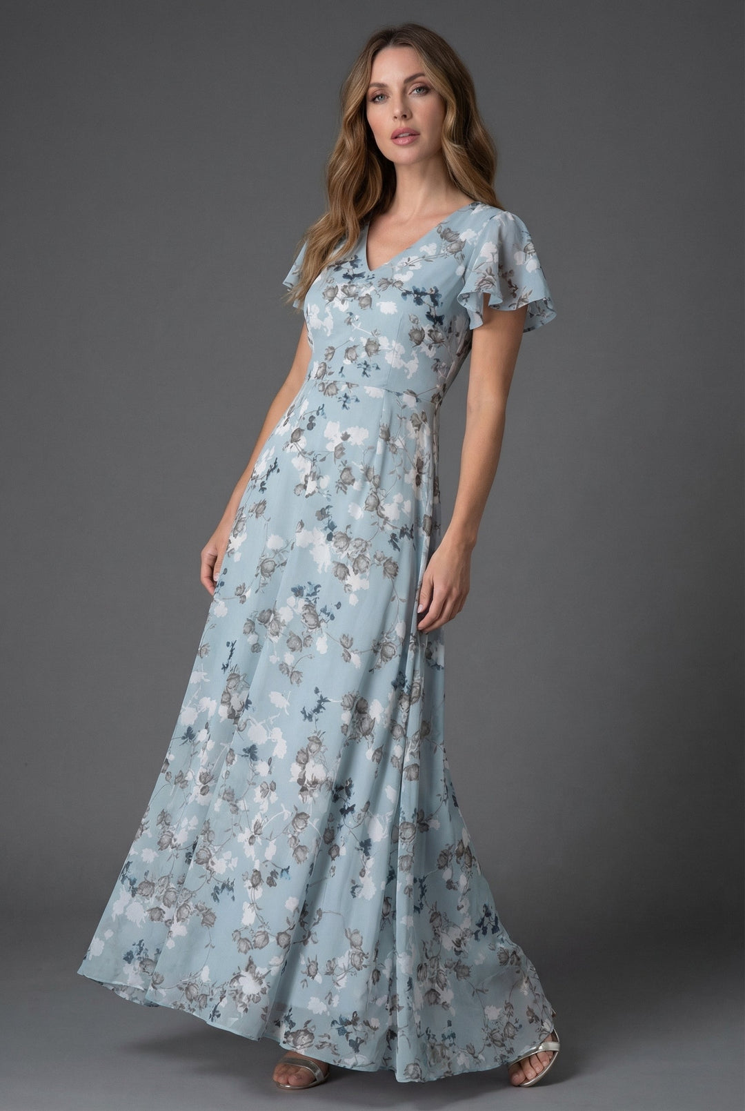 Flowy floral maxi dress, women's V-neck, flutter sleeves. A beautiful formal dress or evening gown.