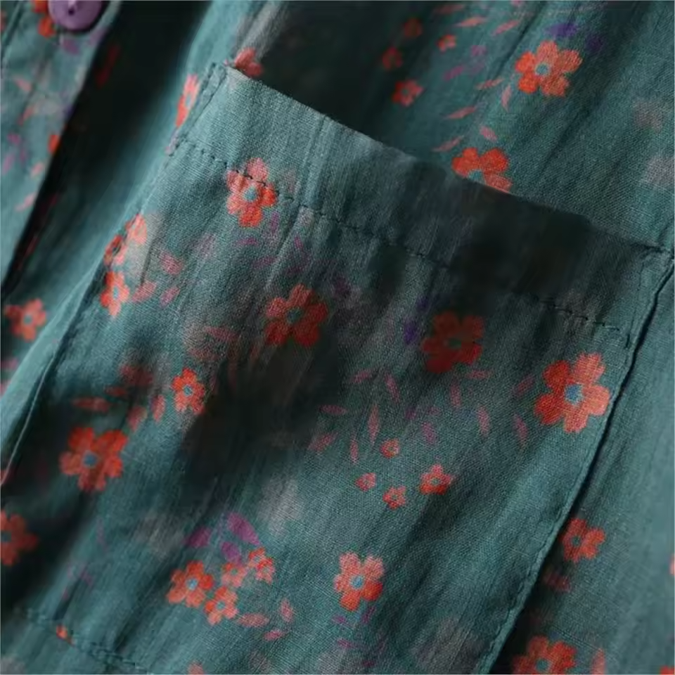 Comfortable women's floral half-placket shirt, short sleeve design for a chic and casual summer top.
