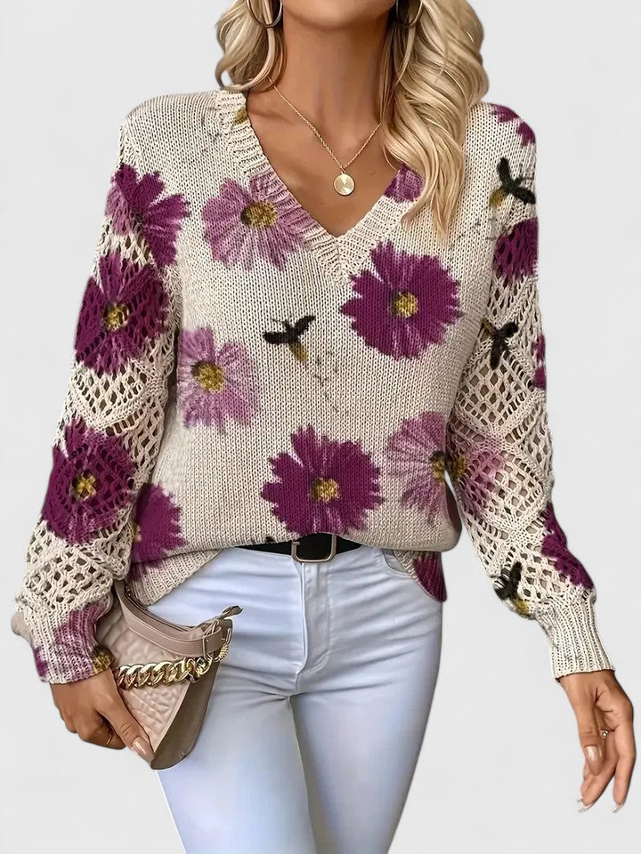 Women's elegant floral knit cardigan, perfect for stylish layering.