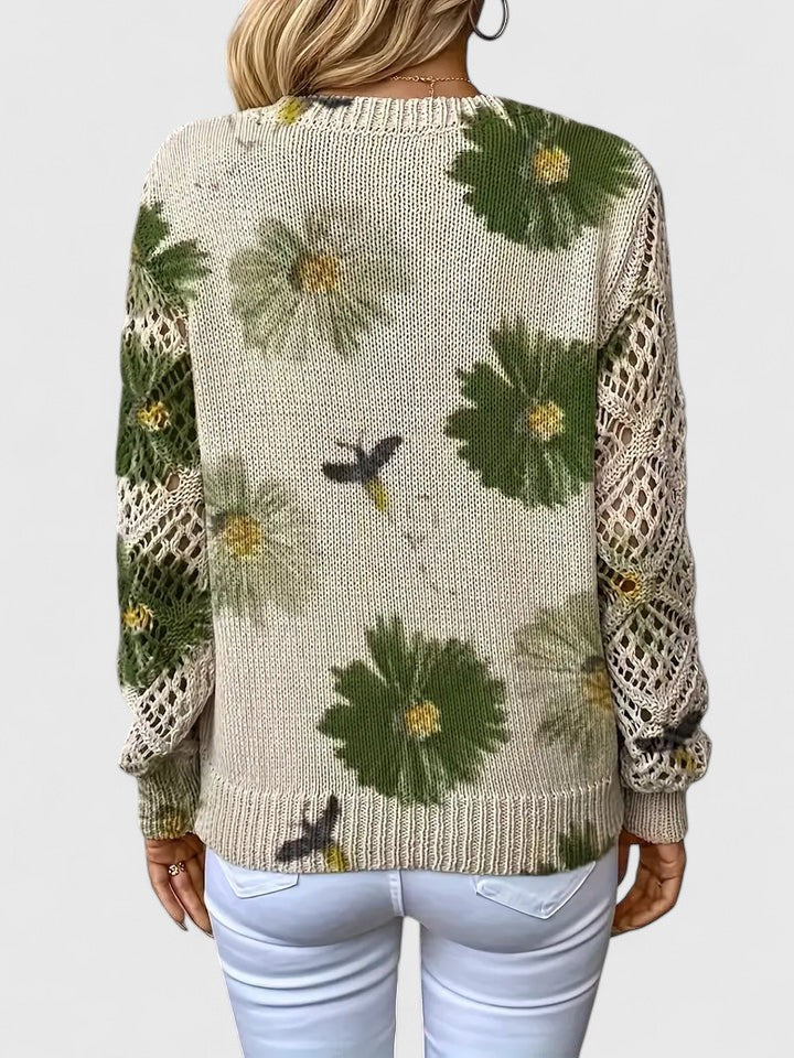 Women's stylish floral knit V-neck cardigan, a comfortable sweater for daily wear.