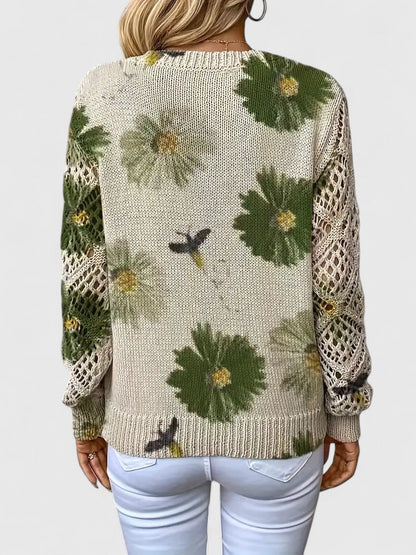 Women's stylish floral knit V-neck cardigan, a comfortable sweater for daily wear.