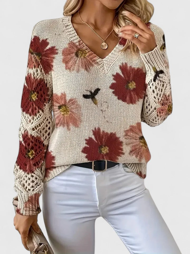 Women's comfortable V-neck floral knit cardigan, adds everyday elegance.